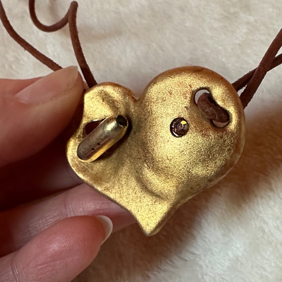 Gold Heart Pendant Necklace with Leather Brown Cord Crystal accent - Picture 2 of 11